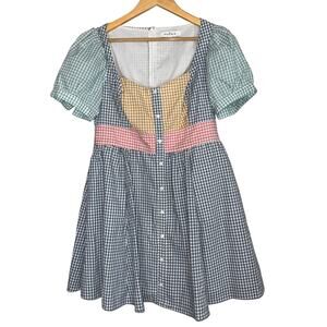 Moodie Madras Patchwork Short Mini Dress Womens Large Gingham Plaid Blue Picnic